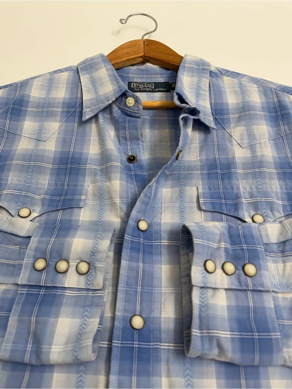 Vintage 90s Polo Ralph Lauren Western Shirt L Pearl Snap Blue Plaid Cowboy